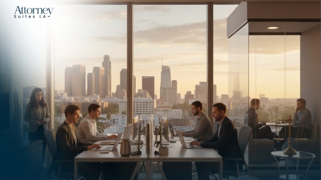 Office Solution for attorneys Modern office with several professionals working at desks with computers, large windows showing a city skyline at sunset, and a glass-walled meeting room. Attorney Suites LA logo is in the upper left corner. Los Angeles at Barrister Executive Suites