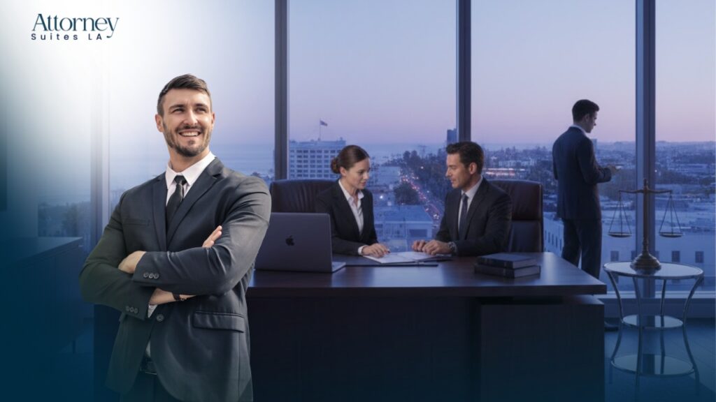 Office Solution for attorneys A confident man in a suit stands smiling with arms crossed. Behind him, two colleagues discuss documents at a desk in a modern office with large windows and city views. Another person stands by the window. Attorney Suites LA is in the top left corner. Los Angeles at Barrister Executive Suites