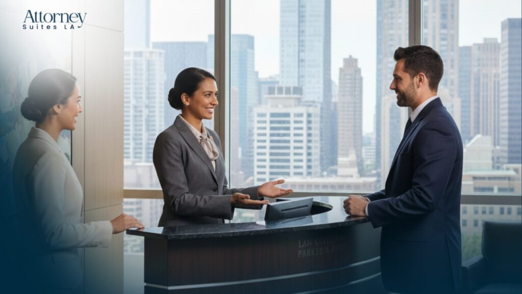 Office Solution for attorneys Two women in business attire greet a man in a suit at a reception desk in a modern office with large windows and a city skyline in the background. Attorney Suites LA is visible in the top left corner. Los Angeles at Barrister Executive Suites