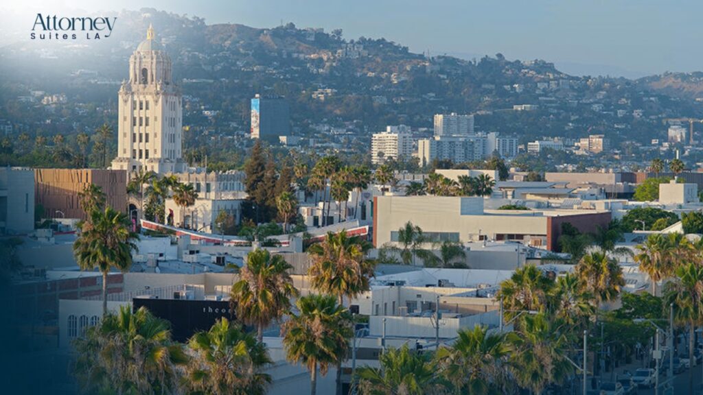 Office Solution for attorneys A cityscape of Beverly Hills, California, featuring palm trees, low-rise buildings, and the prominent Beverly Hills City Hall tower with hills and residential homes in the background. “Attorney Suites LA” text appears in the top left corner. Los Angeles at Barrister Executive Suites