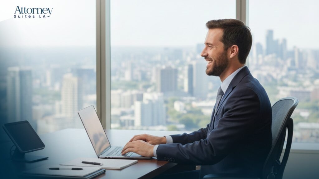 Office Solution for attorneys A smiling man in a suit types on a laptop at an office desk with a city skyline visible through large windows. The logo “Attorney Suites LA” appears in the top left corner. Los Angeles at Barrister Executive Suites