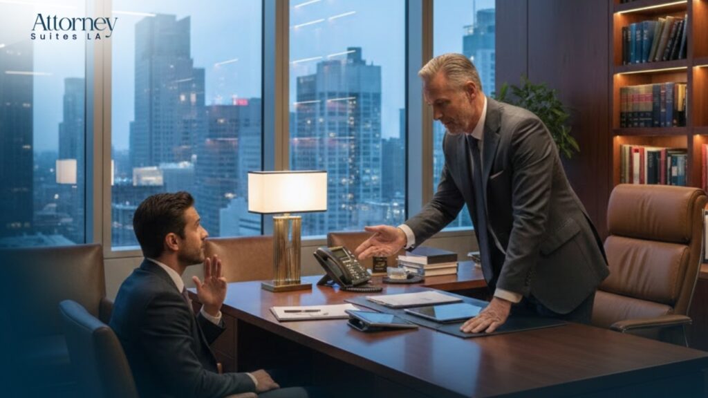 Office Solution for attorneys Two men in suits have a serious discussion in a modern office with city views. One man is seated, raising his hand, while the other stands, gesturing. Bookshelves and a desk with papers and a phone are visible. Los Angeles at Barrister Executive Suites