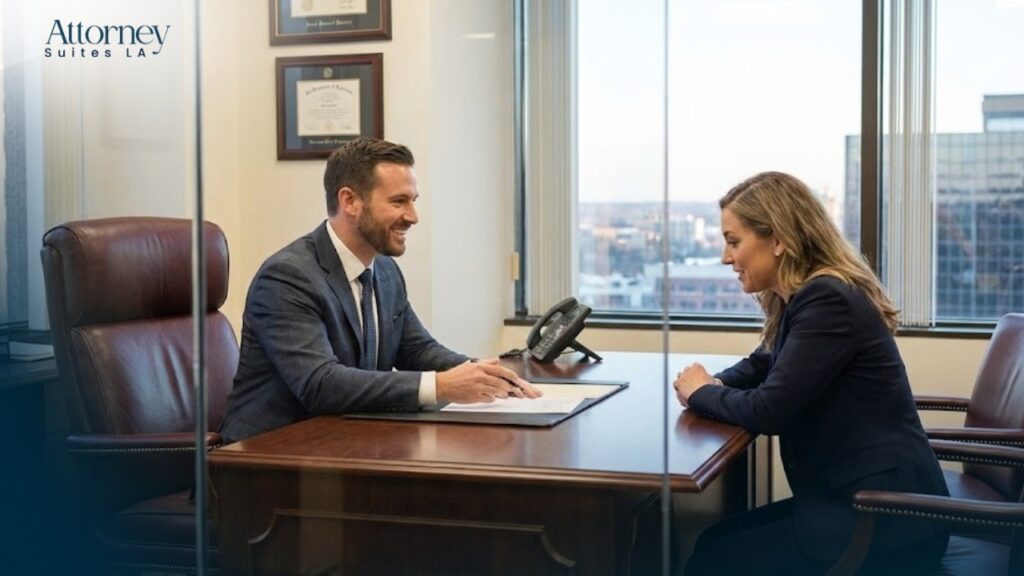 Office Solution for attorneys A man in a suit sits at a desk in an office, smiling and showing documents to a woman across from him. Both appear engaged in conversation; city buildings are visible through the window. Attorney Suites LA logo is in the corner. Los Angeles at Barrister Executive Suites