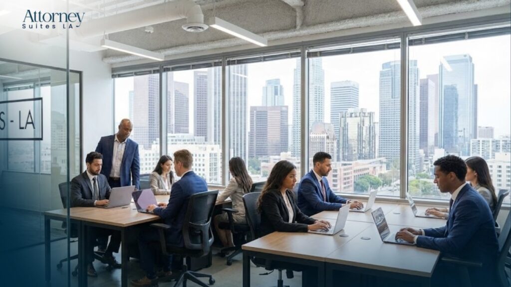 Office Solution for attorneys A diverse group of professionals work at desks and on laptops in a modern office with large windows overlooking a city skyline. A man stands, speaking to colleagues, while others are seated and collaborating. Los Angeles at Barrister Executive Suites