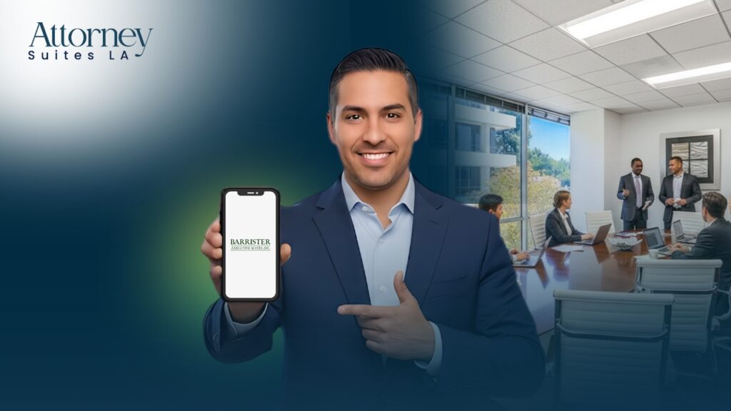 Office Solution for attorneys A smiling man in a suit points to a smartphone displaying Barrister with office meeting in the background; Attorney Suites LA logo appears in the corner. Los Angeles at Barrister Executive Suites