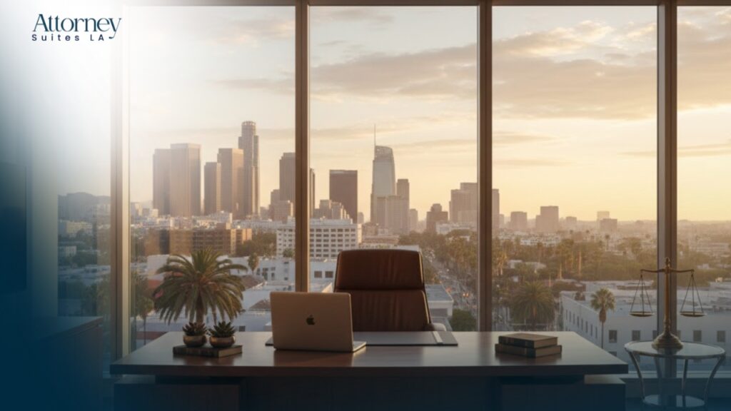 Office Solution for attorneys A modern office with a desk, chair, and laptop faces large windows overlooking downtown Los Angeles at sunset; Attorney Suites LA is visible in the top left corner. Los Angeles at Barrister Executive Suites