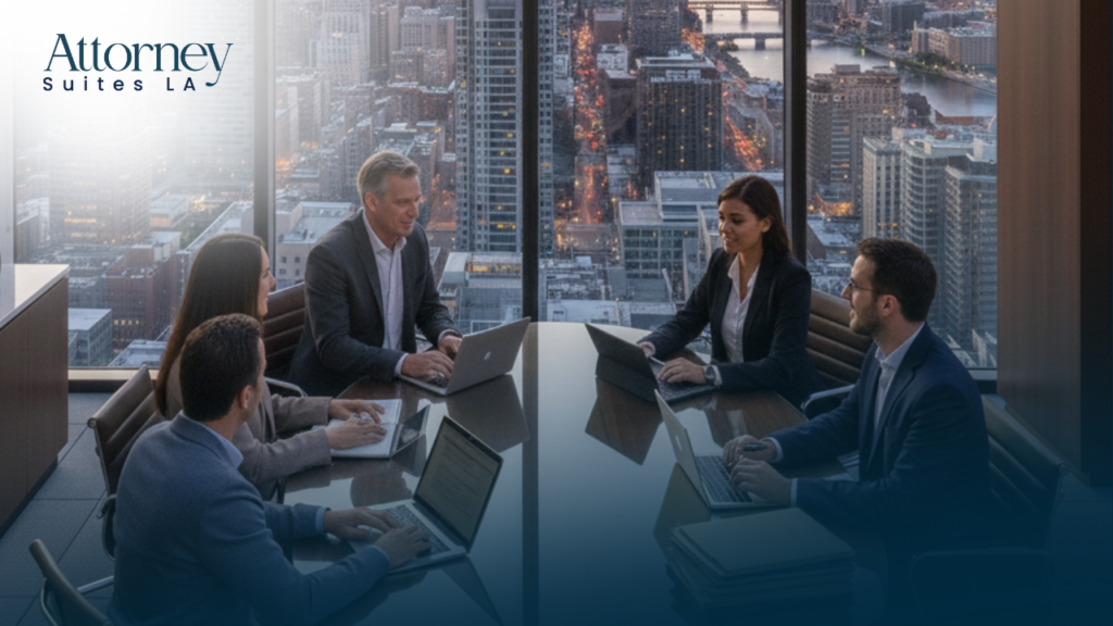 Office Solution for attorneys A group of five professionals in business attire meet around a conference table with laptops, overlooking a city skyline through large windows. Attorney Suites LA is displayed in the top left corner. Los Angeles at Barrister Executive Suites