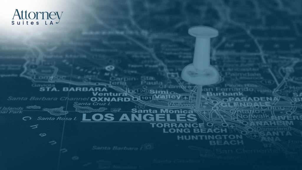 Office Solution for attorneys A blue-tinted map of Los Angeles, California, with a white pushpin marking the city. The Attorney Suites LA logo appears in the upper left corner. Nearby cities like Santa Monica and Pasadena are also visible. Los Angeles at Barrister Executive Suites