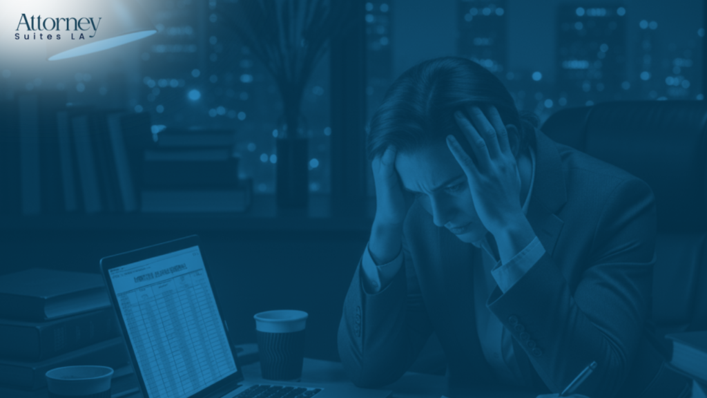 Office Solution for attorneys A stressed person in business attire sits at a desk with their head in their hands, looking at a laptop displaying spreadsheets. Office supplies and coffee cups are on the desk. The logo Attorney Suites LA is in the upper left corner. Los Angeles at Barrister Executive Suites